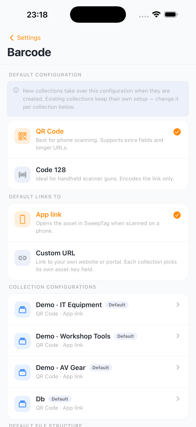 Settings › Barcode: default format, link type, and per-collection configurations