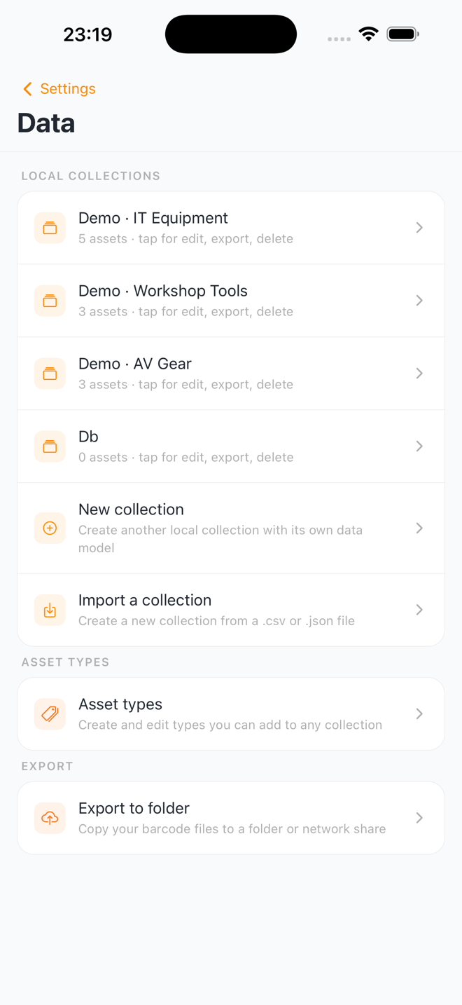 Settings › Data: local collections with import, export, and asset type entries