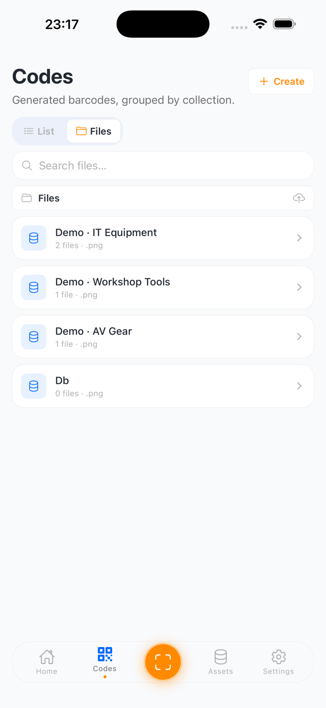 The Codes tab in Files view: barcode files organized per collection