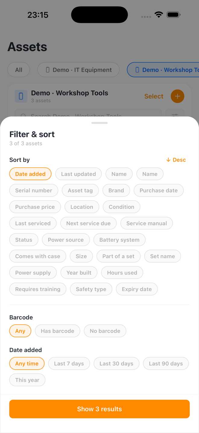 The Filter & sort sheet: sort options, barcode and date filters, and the Show results button