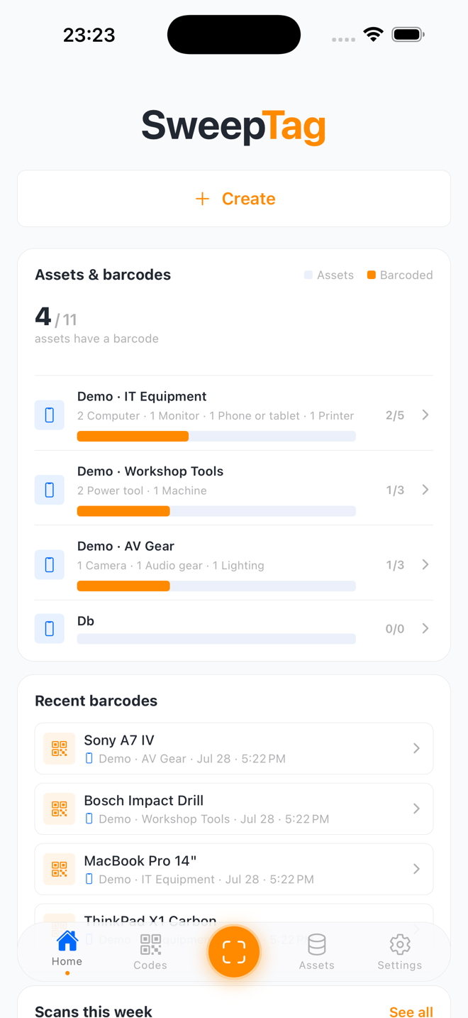 The SweepTag Home tab with per-collection barcode progress and recent barcodes