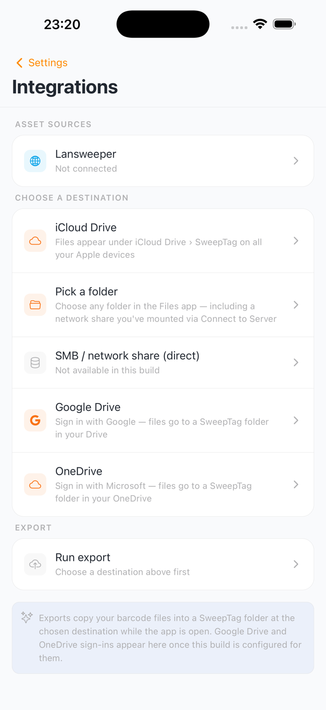Settings › Integrations, where the Lansweeper connection is added