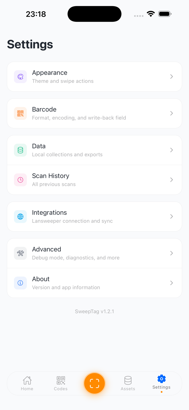 The Settings tab: Appearance, Formats, Barcode, Printing, Data, Scan History, Integrations, Advanced, About, and Contact us