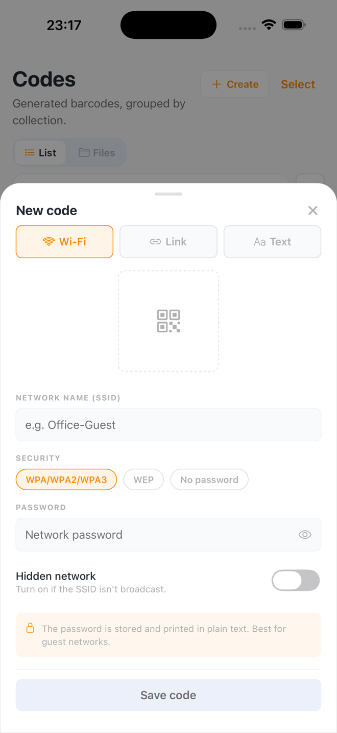 The New code screen with Wi-Fi, Link, and Text tabs for standalone codes