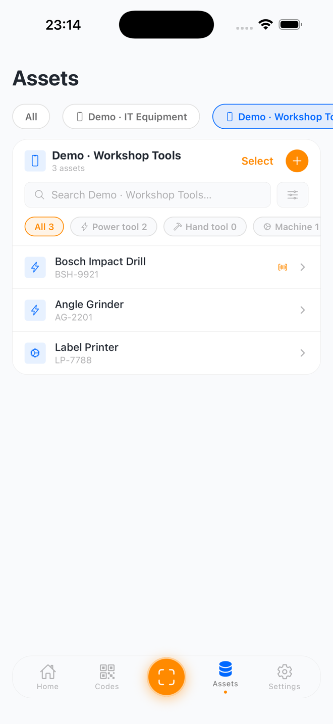 A collection's asset list with per-type filter chips above the assets