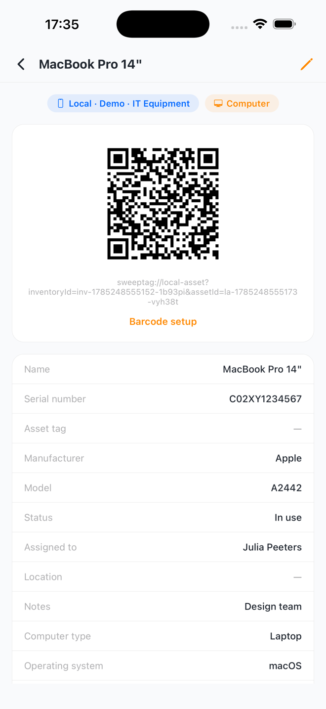 SweepTag asset detail for a MacBook Pro with its QR code and fields