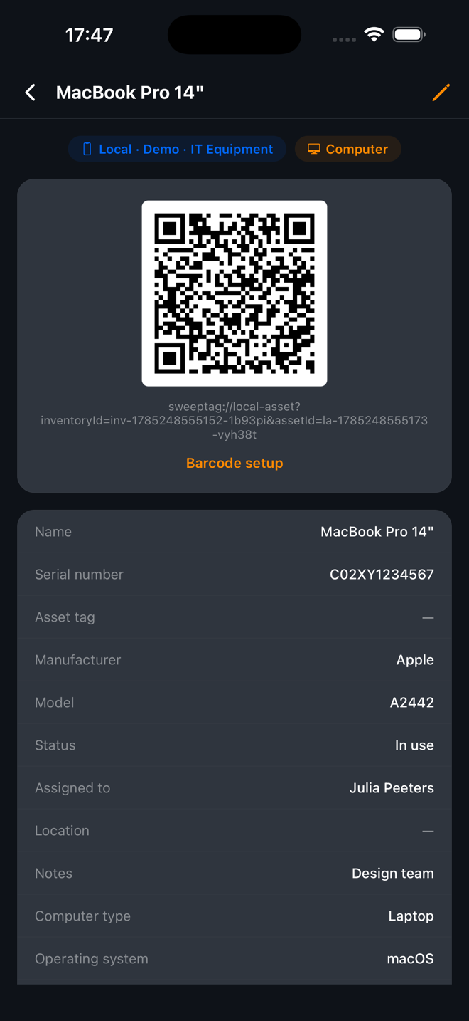SweepTag asset detail for a MacBook Pro with its QR code and fields