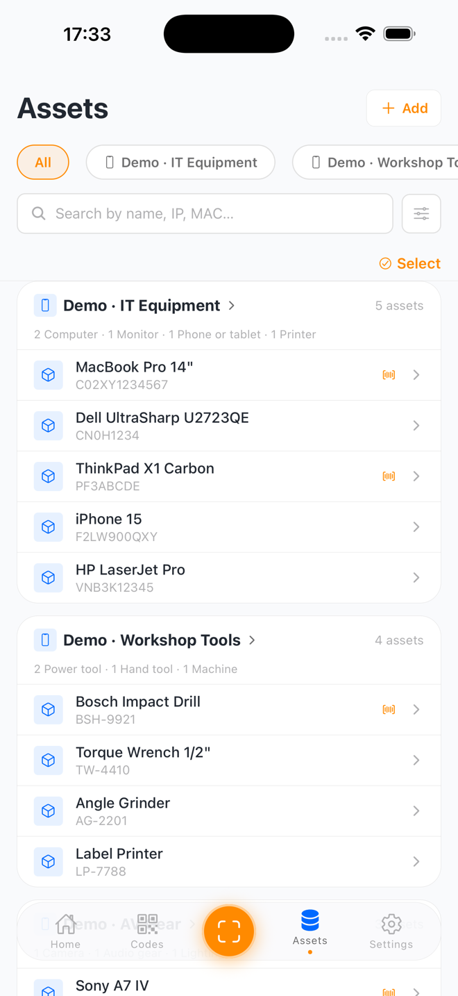 SweepTag Assets screen showing collections of IT equipment and workshop tools