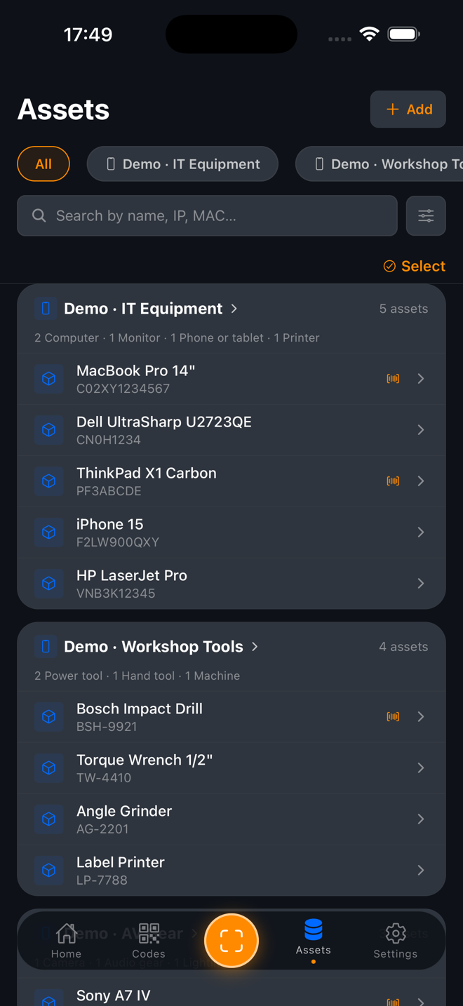 SweepTag Assets screen showing collections of IT equipment and workshop tools