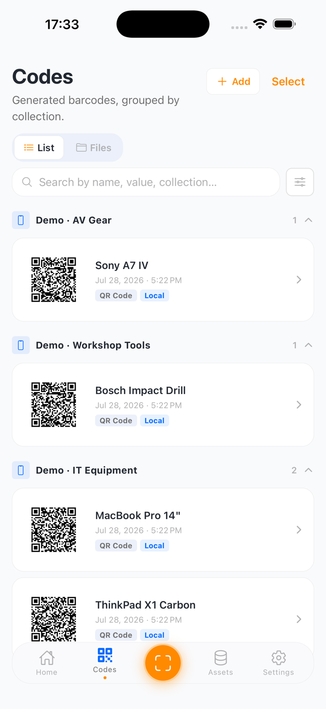 SweepTag Codes screen listing generated QR codes grouped by collection