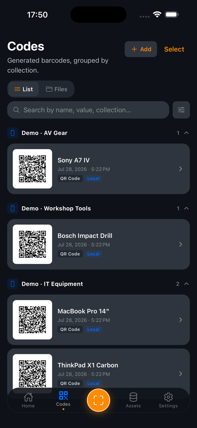 SweepTag Codes screen listing generated QR codes grouped by collection