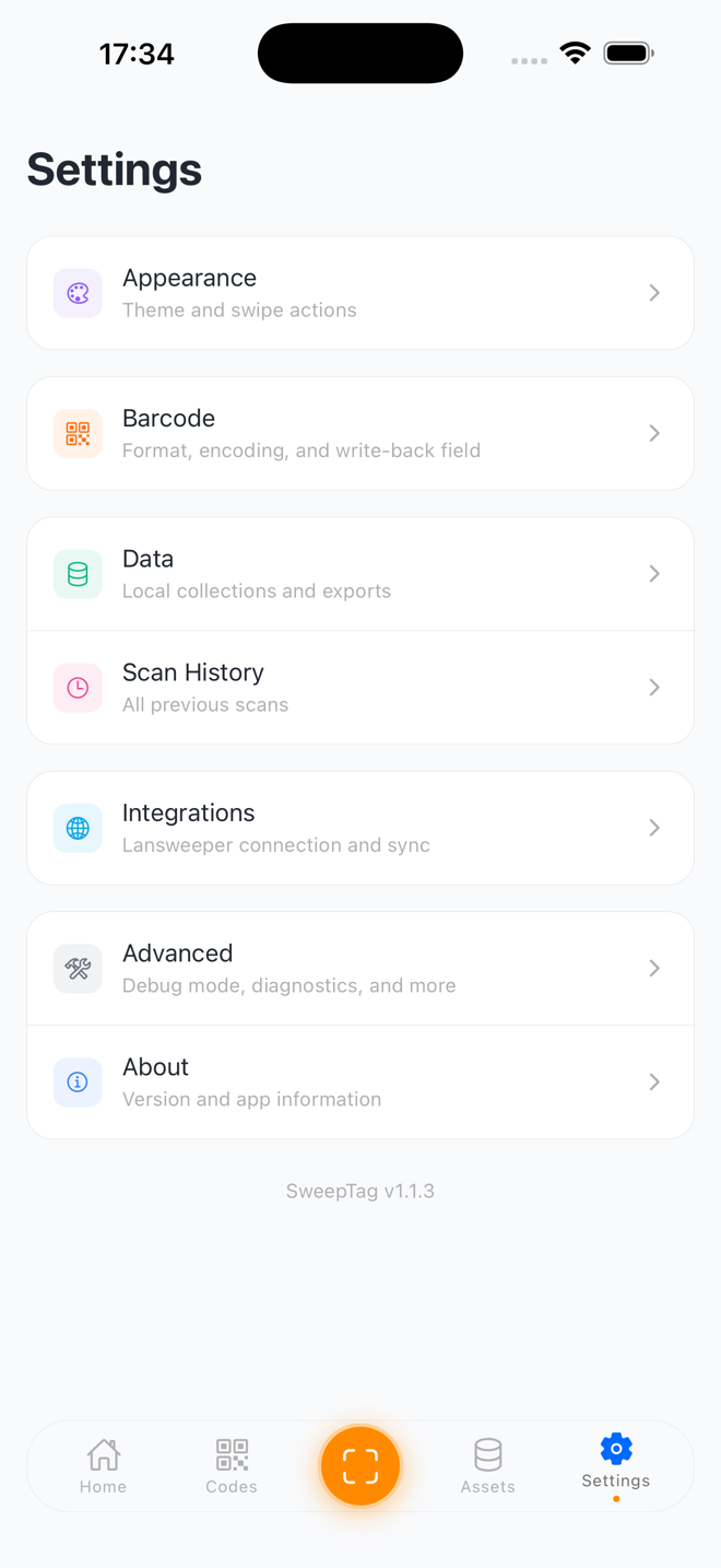 SweepTag Settings screen with appearance, barcode, data, integrations and more