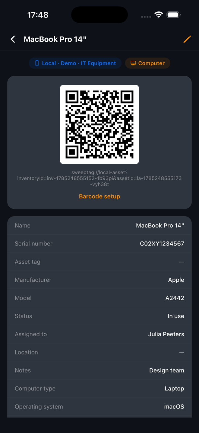 SweepTag Settings screen with appearance, barcode, data, integrations and more